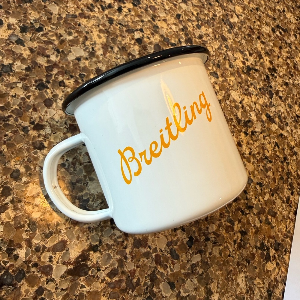Vintage Breitling Motorcycle Enamel Camp Mug – Black Rim